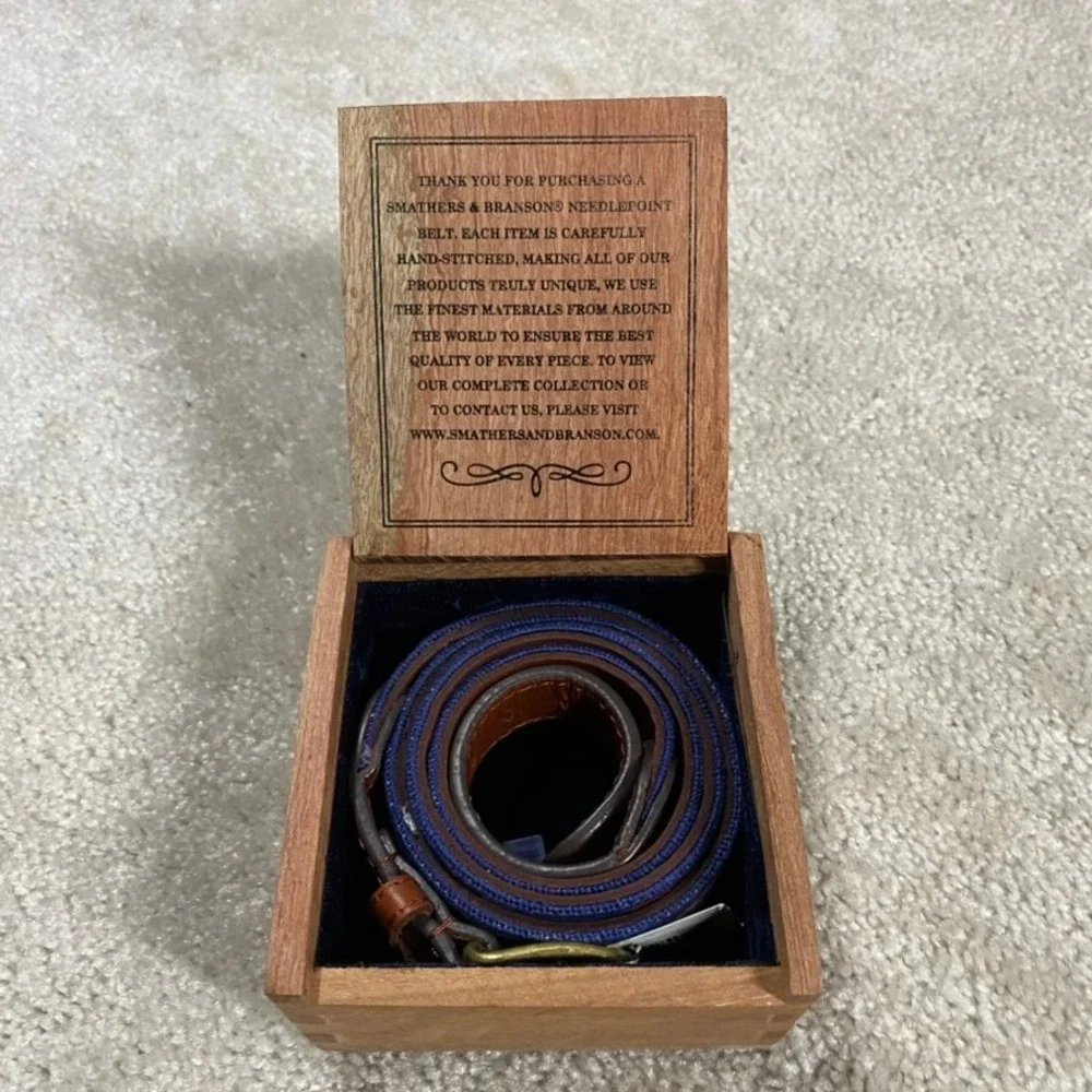 Smathers & Branson Belt Mens 40 American Flag Needlepoint Navy Leather NIB